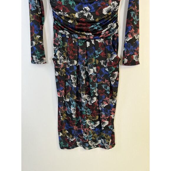 Ingenue London Dress Stretchy Long Sleeve Ruched Detail Black Owl Print Sz 4 - Picture 3 of 15